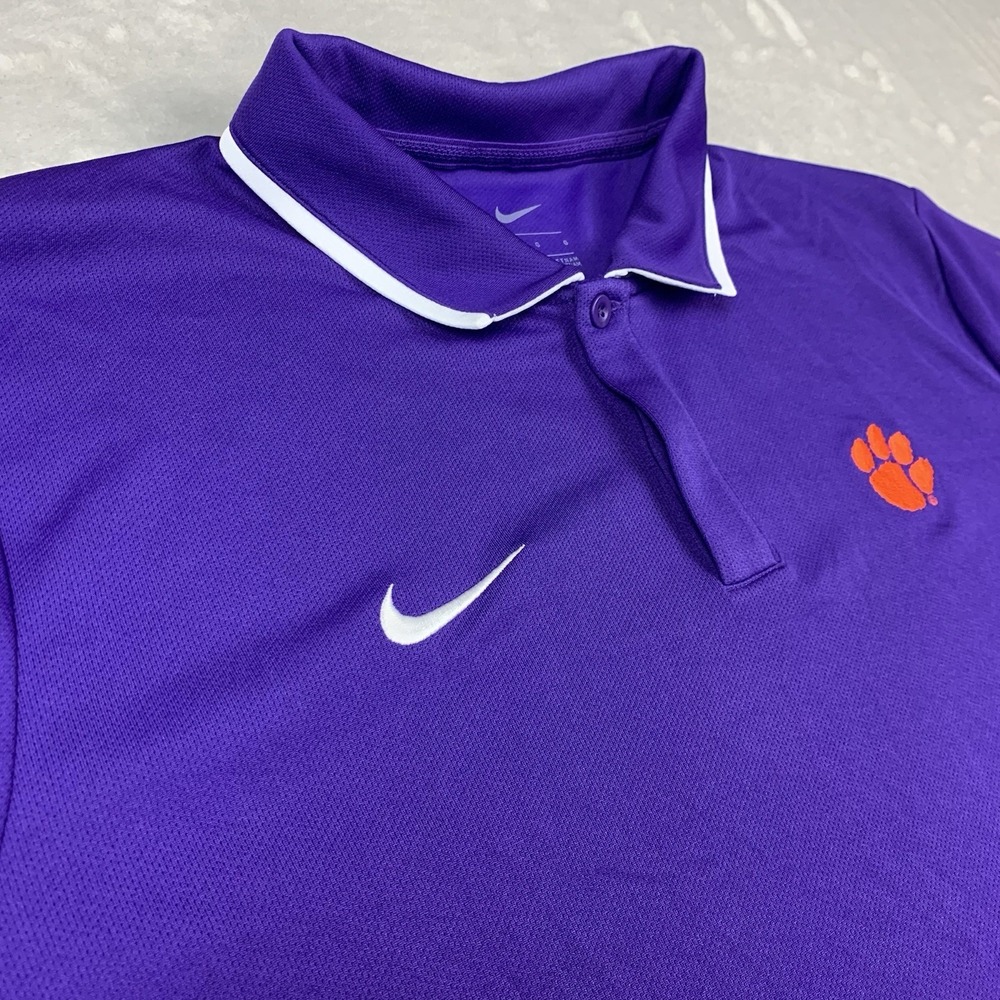 New Nike Clemson Tigers Polo Shirt Mens Large Purple Orange Logo Short Sleeve